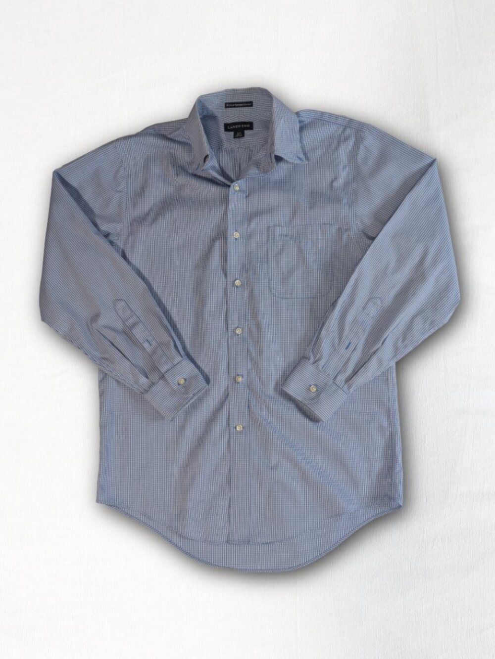 Lands' End Men's No Iron Pinpoint Oxford Shirt 15-33 Blue Check Button Down